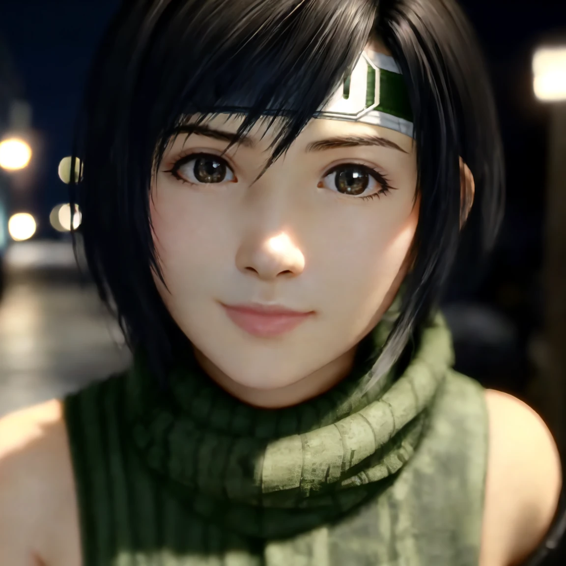 (yuffie_kisaragi),((a girl)),(yo:1.3),hyperrealistic portrait,((Cowboy Shot)),sharp focus, depth of field ,blur background, bokeh ,Cinematic lighting,detailed face,random pose,touch hair,Half Smile,Midnight,((alley)),(photo realistic,perfect anatomy:1.3),(hyper detailed, masterpiece:1.2), best quality,RAW photo, exquisite, beautiful 