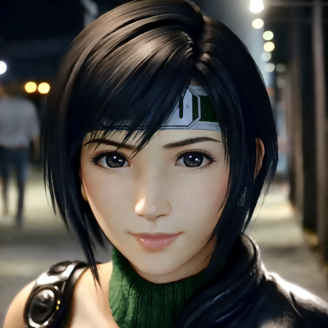 (yuffie_kisaragi),((a girl)),(yo:1.3),hyperrealistic portrait,((Cowboy Shot)),sharp focus, depth of field ,blur background, bokeh ,Cinematic lighting,detailed face,random pose,touch hair,Half Smile,Midnight,((alley)),(photo realistic,perfect anatomy:1.3),(hyper detailed, masterpiece:1.2), best quality,RAW photo, exquisite, beautiful 