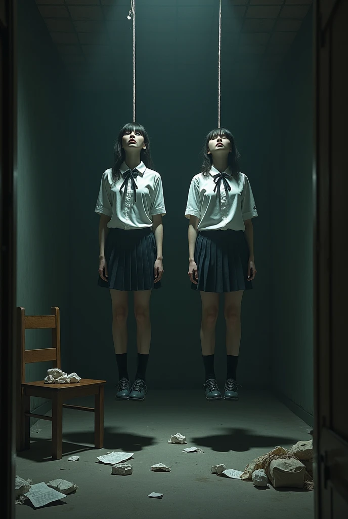 Scene of two school girls  , hanged, chair falls to the ground 