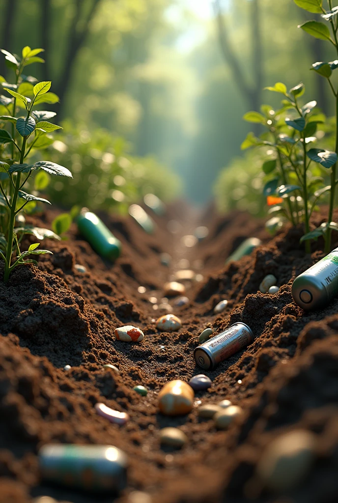 Make me a moving animation video about soil full of trash and organic matter

