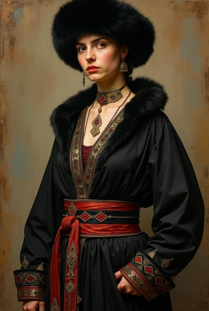 Design me a {{Colossal Masterpiece, realistic oil painting, best quality}}, a ((((a half body portrait)))), (((by Léon Bakst))), the composition is: (((a tomboy noblewoman, sullen, facing viewer. She is wearing a fur hat. She is wearing a black Byzantine caftan with Praetorian elements, embroidered Slavic elements, sashes, red diamond shape pendant)))