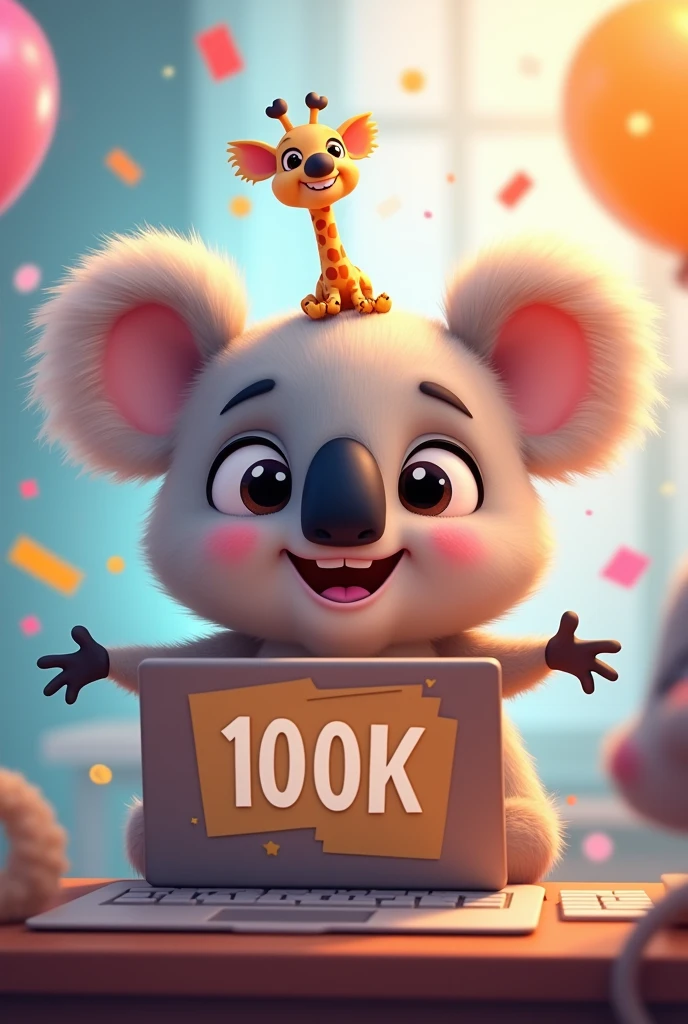 Image of an animated koala with a 100k followers sign with a small giraffe on his shoulder sitting in front of a computer editing videos. With confetti and balloons in celebration mode. Super cute