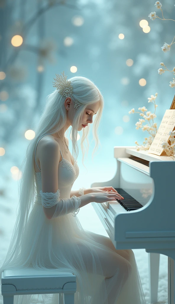 This image depicts a serene, ethereal scene featuring a delicate figure playing a full white piano. The character appears otherworldly, with pale skin and long, flowing white hair adorned with intricate, shimmering accessories. The setting seems to be a dreamy, celestial environment, filled with soft, glowing lights that enhance the magical ambiance. The figure's clothing is equally ethereal, with light, translucent fabric that adds to the otherworldly, almost angelic feel of the image.