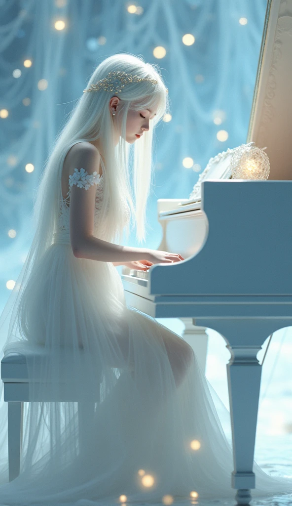 This image depicts a serene, ethereal scene featuring a delicate figure playing a full white piano. The character appears otherworldly, with pale skin and long, flowing white hair adorned with intricate, shimmering accessories. The setting seems to be a dreamy, celestial environment, filled with soft, glowing lights that enhance the magical ambiance. The figure's clothing is equally ethereal, with light, translucent fabric that adds to the otherworldly, almost angelic feel of the image.