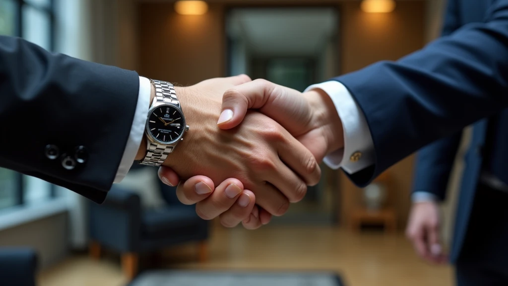 : A close-up shot of a handshake between two professionals in a formal setting, symbolizing a successful business deal. 8k