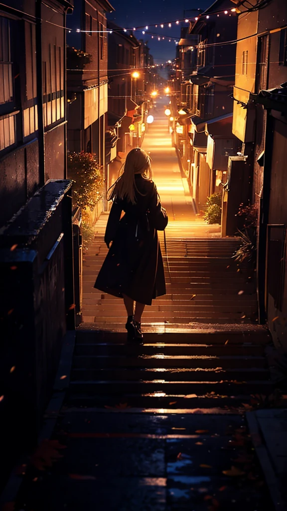 １people々々々々々々々々々々々々々々々,Blonde long-haired woman，Long coat， Dress Silhouette， Rear View， Anime Style,evening， Autumn Festival Street，night，Cityscape from the top of the stairs，