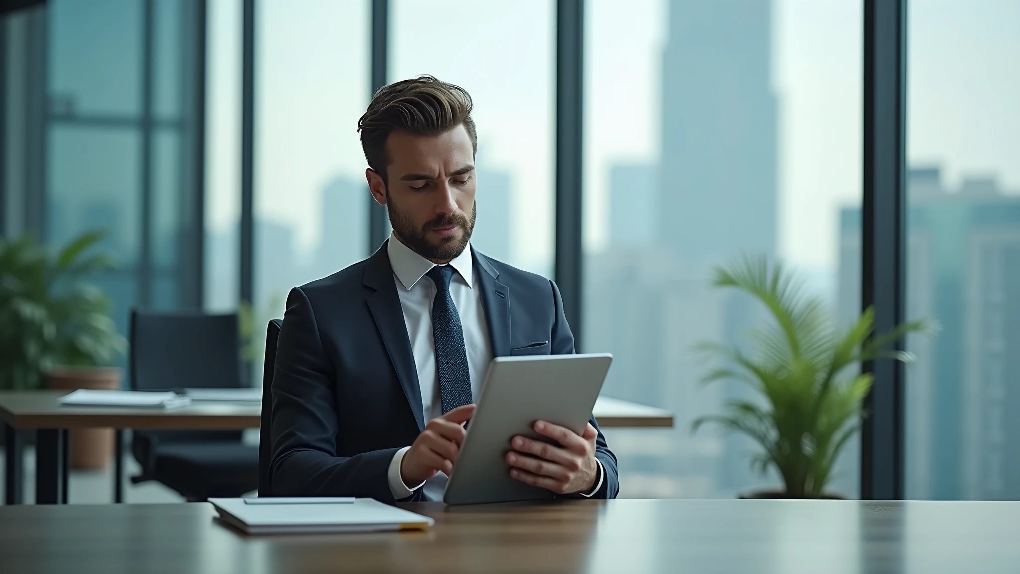 : A business executive holding a tablet, discussing strategy in a modern office with glass walls and sleek furniture. 8k  