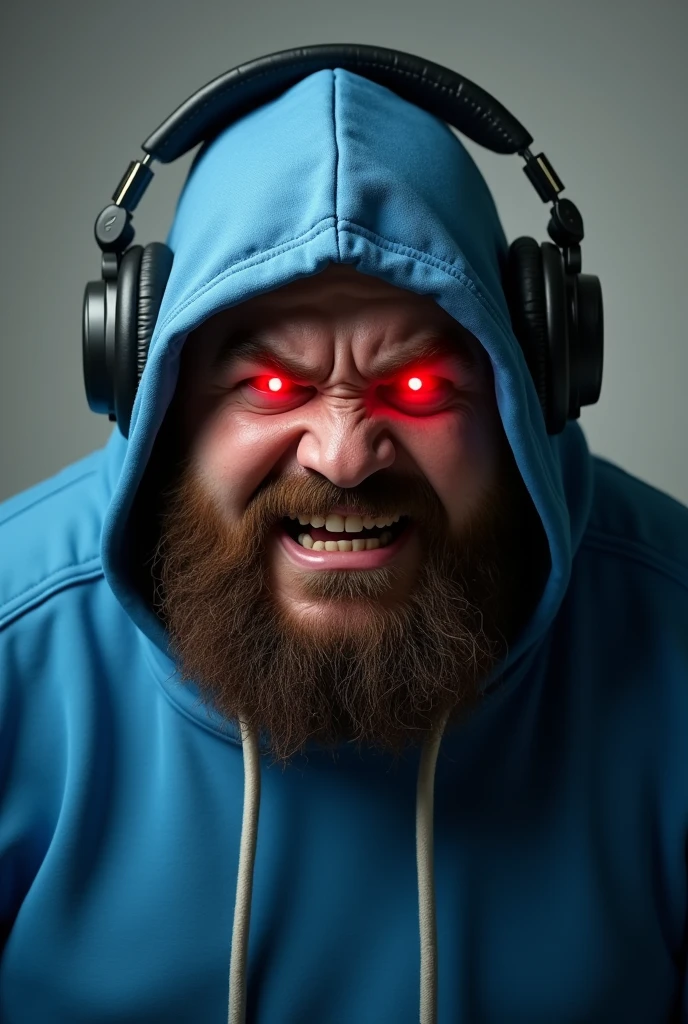 A obese man with a brown beard and brown hair and a blue hopsie with headphones is angry and his eyes turn red