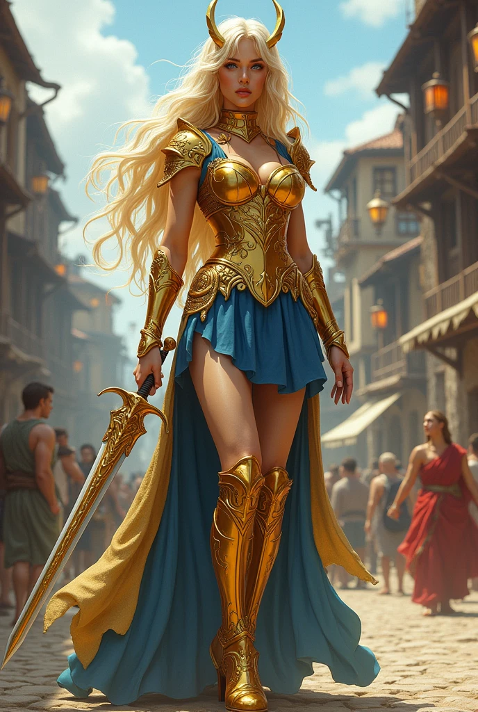 Female gold dragon in human form. Beautiful, wearing gold hoplite armor and short blue skirt, holding a sword, shiny blonde hair, blue eyes, large . In a medieval town.