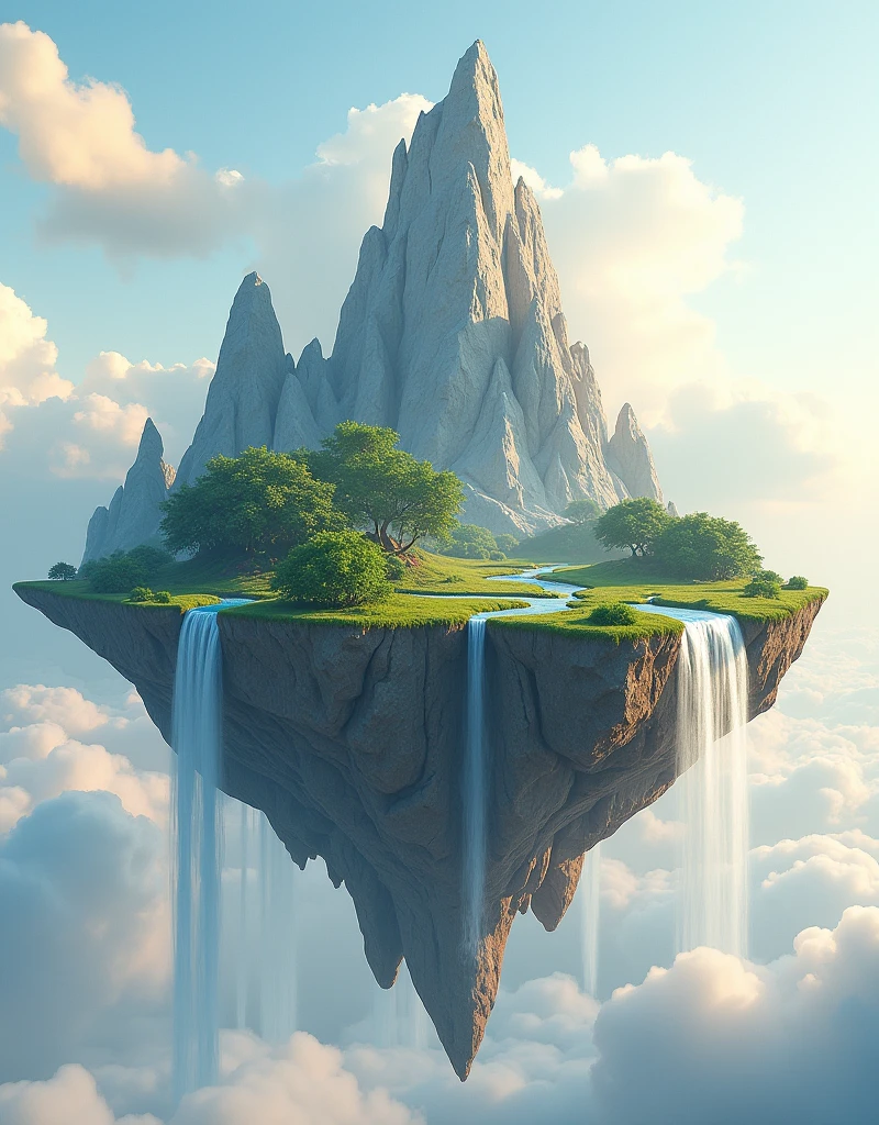 Create a flying mountain image with different geological rock materials, waterfalls, trees, and grass.,Floating in the sky,medium sized, There is a waterfall, stillness, peace, (best quality,4K,8ก,height,Masterpiece:1.2),Very detailed,(realistic,photorealistic,photo-realistic:1.37),Stunning mountain landscapes,Serene atmosphere,Warm golden light,Amazing sky with clouds, ,Beautiful scenery, There is no mountain in front,And a white background, without mountains in the background, without mountains in the background.