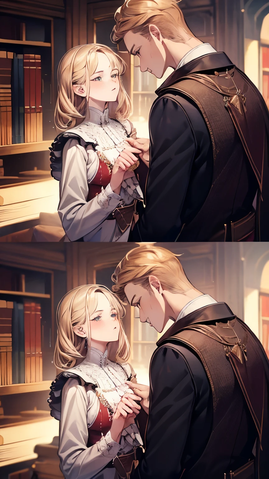 masterpiece, best quality, Practical, In the library of Alcott Manor,Alex and Nicholas share a quiet corner。A tradition of sharing book pages led Alex to《the art of love》Pass to Nicholas。When Nicholas read the verses,their relationship deepens,leading to an intimate kiss,Their emotions echoed in the silent night, (absurd, High resolution, Super detailed), facial details,Delicate and meticulous, 8K, Reality, Dramatic Lighting, high quality, Complex design, enlarged texture, Exquisite details