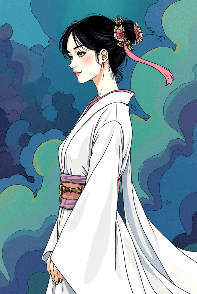 manga ink sketch of an adorable Japanese woman, her eyes glancing to the side, dressed in white, full body, by artist Kawanabe Kyōsai meeting Yoshitaka Amano, colorful psychedelic color scheme