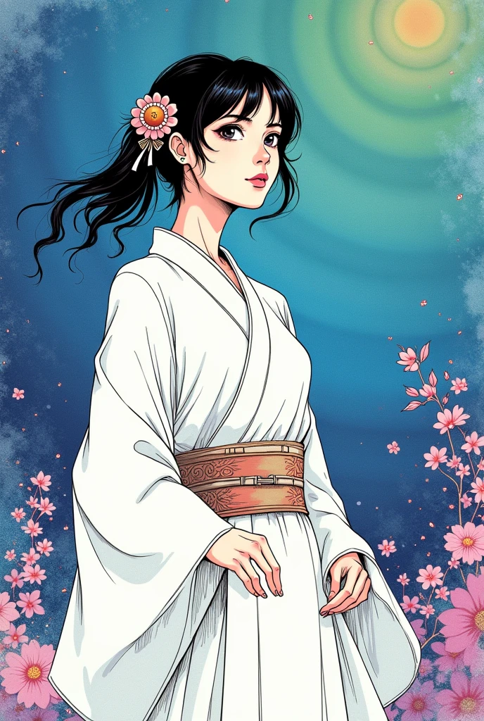 manga ink sketch of an adorable Japanese woman, her eyes glancing to the side, dressed in white, full body, by artist Kawanabe Kyōsai meeting Yoshitaka Amano, colorful psychedelic color scheme