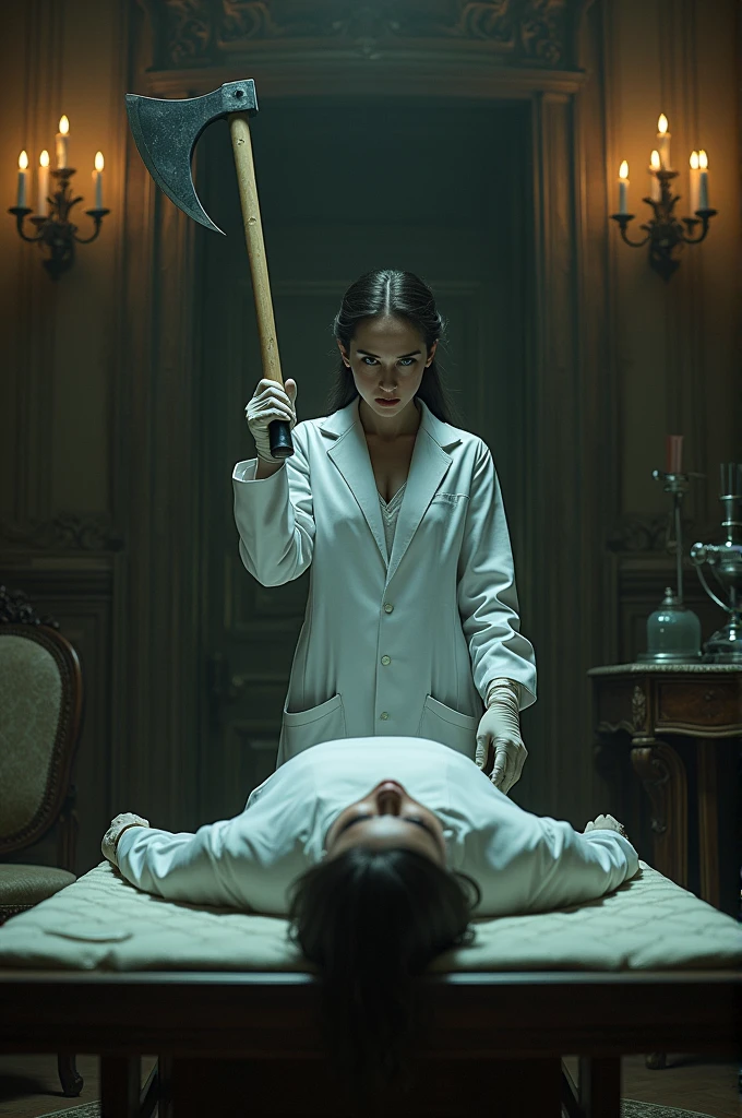 Lady doctor with an axe in an old mansion and a dead body on table