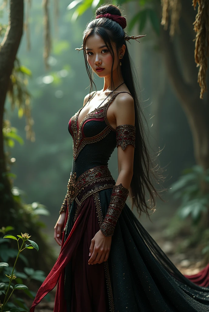 malaysia traditional warrior princess silat sparkly fancy flowy dark black red dress