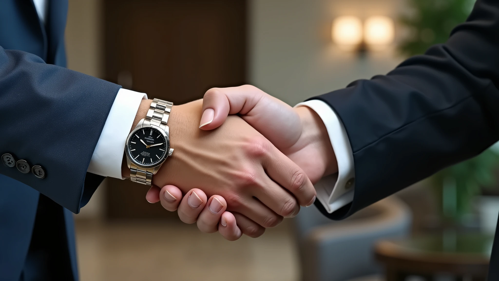 : A close-up shot of a handshake between two professionals in a formal setting, symbolizing a successful business deal. 8k  