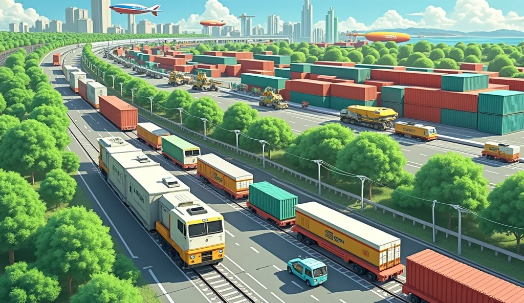 a futuristic transportation system, highly advanced freight train, agricultural cargo transport, massive container ships, autonomous cargo drones, cutting-edge logistics technology, conveyor belt transportation, hyper-efficient supply chain, streamlined distribution network, precision climate-controlled cargo containers, AI-powered inventory management, robotic fruit and vegetable harvesting, state-of-the-art refrigeration systems, solar-powered cold storage facilities, zero-emission electric cargo vehicles, advanced predictive analytics, seamless multimodal transportation, just-in-time delivery optimization, blockchain-enabled supply chain traceability, sensor-equipped smart pallets, energy-efficient cargo airships, autonomous container terminal operations, AI-guided warehouse automation, sustainable last-mile delivery solutions, (best quality,4k,8k,highres,masterpiece:1.2),ultra-detailed,(realistic,photorealistic,photo-realistic:1.37),cinematic lighting,vibrant colors,digital art,concept art