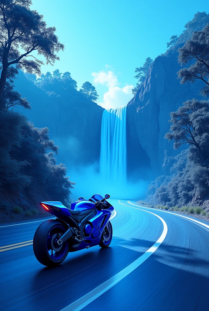  Blue colour Splendor  bike on the highway with blue trees and water fall