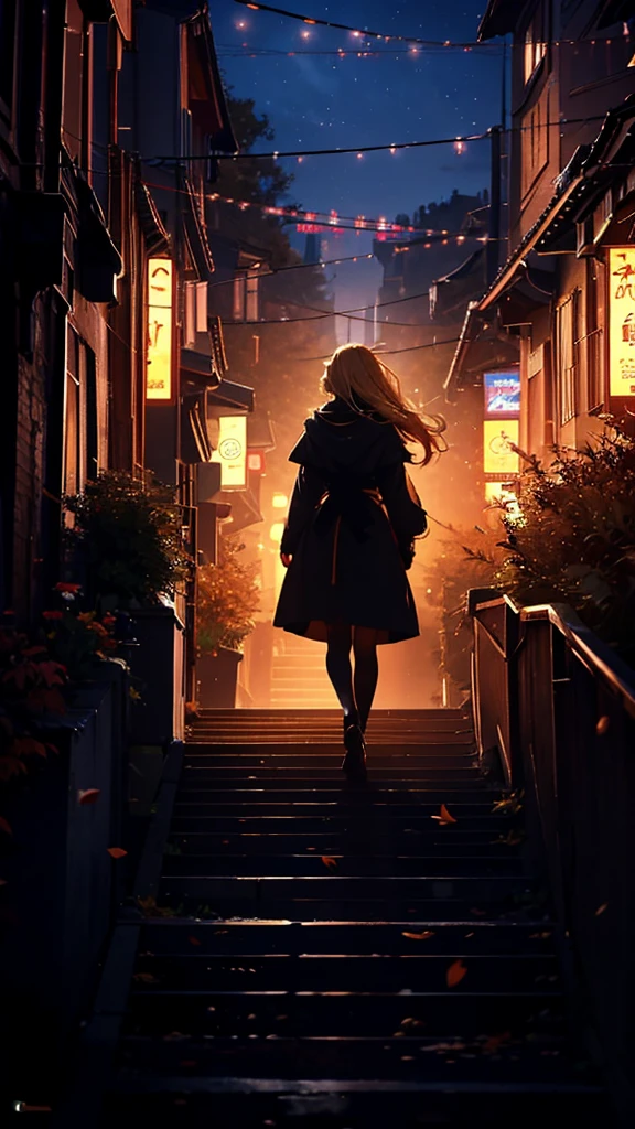 1people々々々々々々々々々々々々々々々,Blonde long-haired woman,Long coat, Dress Silhouette, Rear View, Anime Style,evening, Autumn Festival Street,night,Cityscape from the top of the stairs,