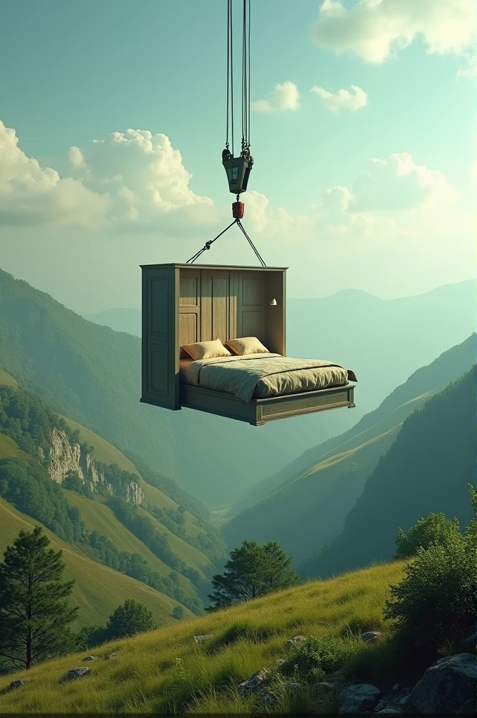 And hotel room hanged by crain in hilly beautiful region
