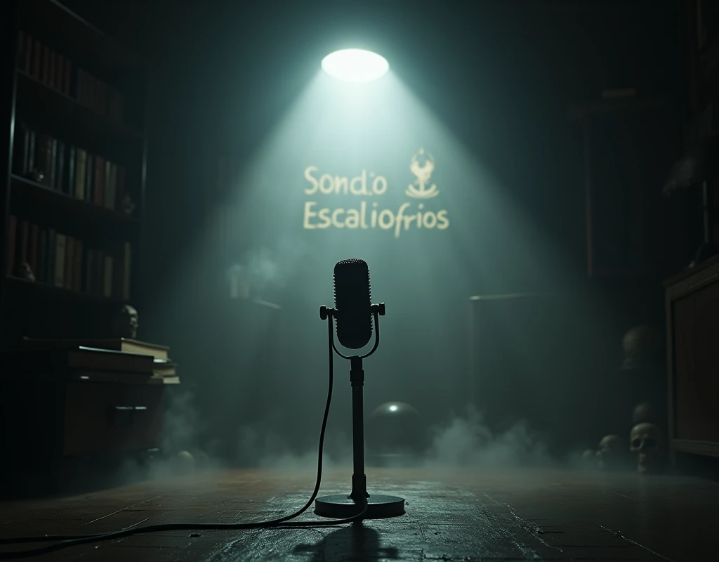 Make a dark room with a lamp above making it throw light towards the floor, the light reveals a microphone, from the microphone behind the microphone there are books, skulls and fog. Also behind the microphone is the title of "Sound Chills" and add more fog, the title that is in Spanish