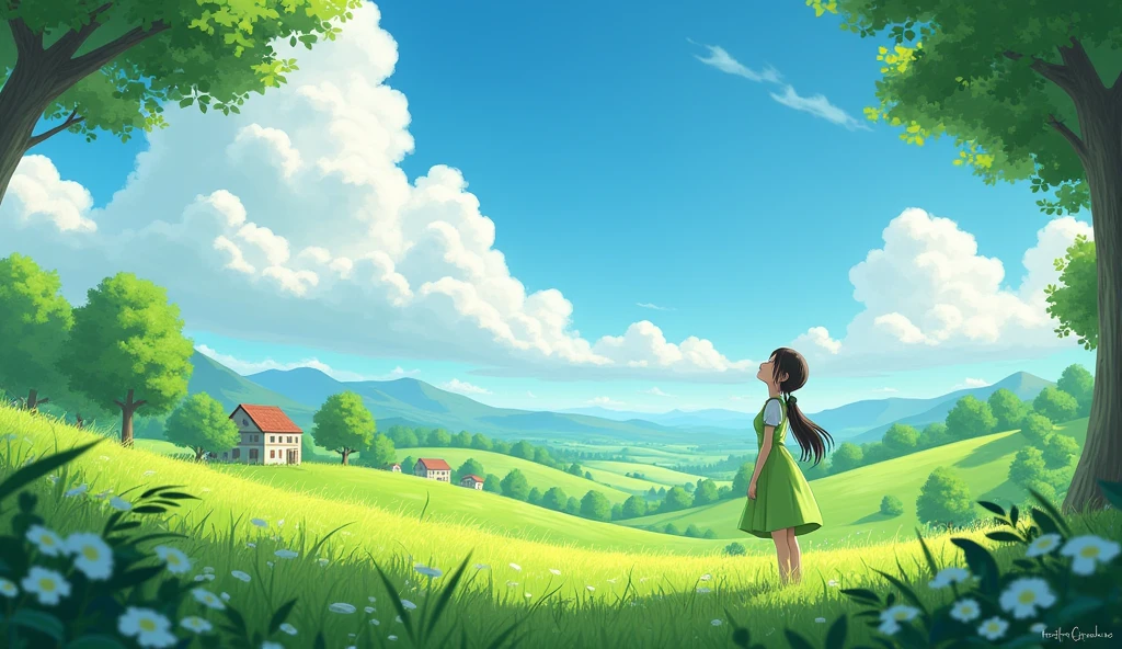 A girl in green fields trees beautiful sky clouds away houses she enjoy weather