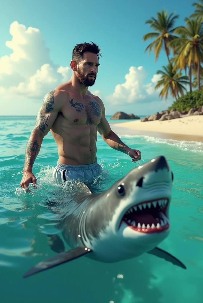 Messi with a Shark in the sea beach.