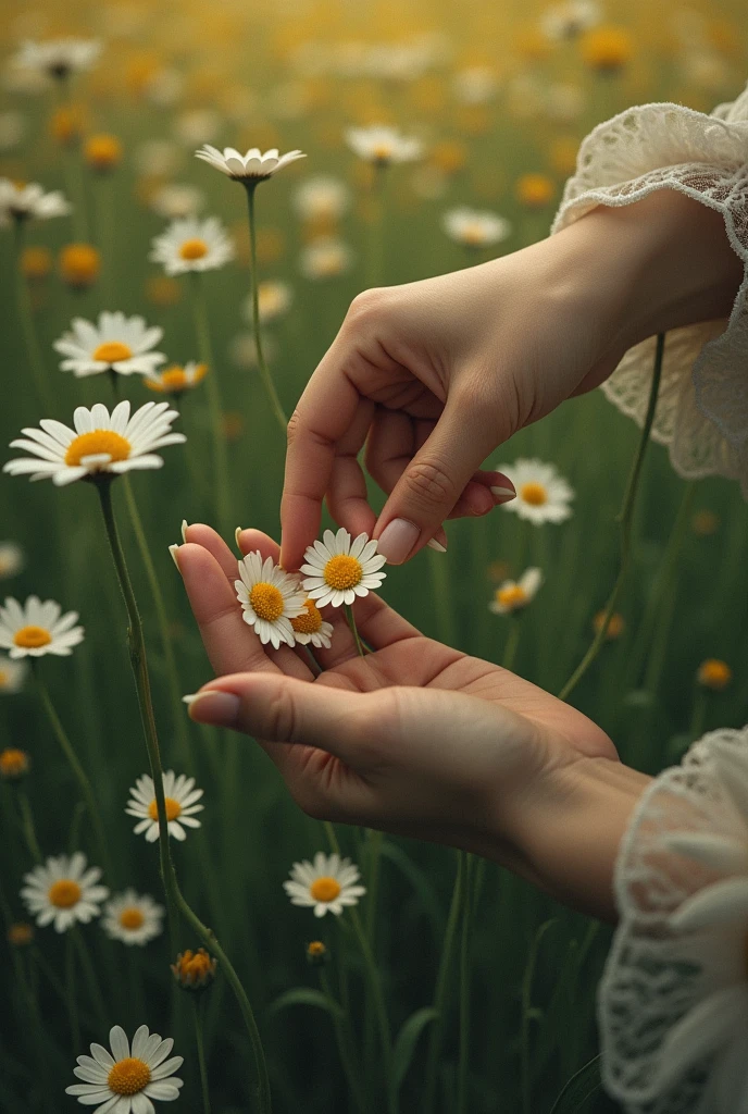 An image of a female hand plucking another petal from a daisy, playing "love me" with the petals already torn off on the ground showing only the flower and the hand, the flower already has some petals missing as if it was playing plucking and was plucking the third petal and a field of flowers in the background