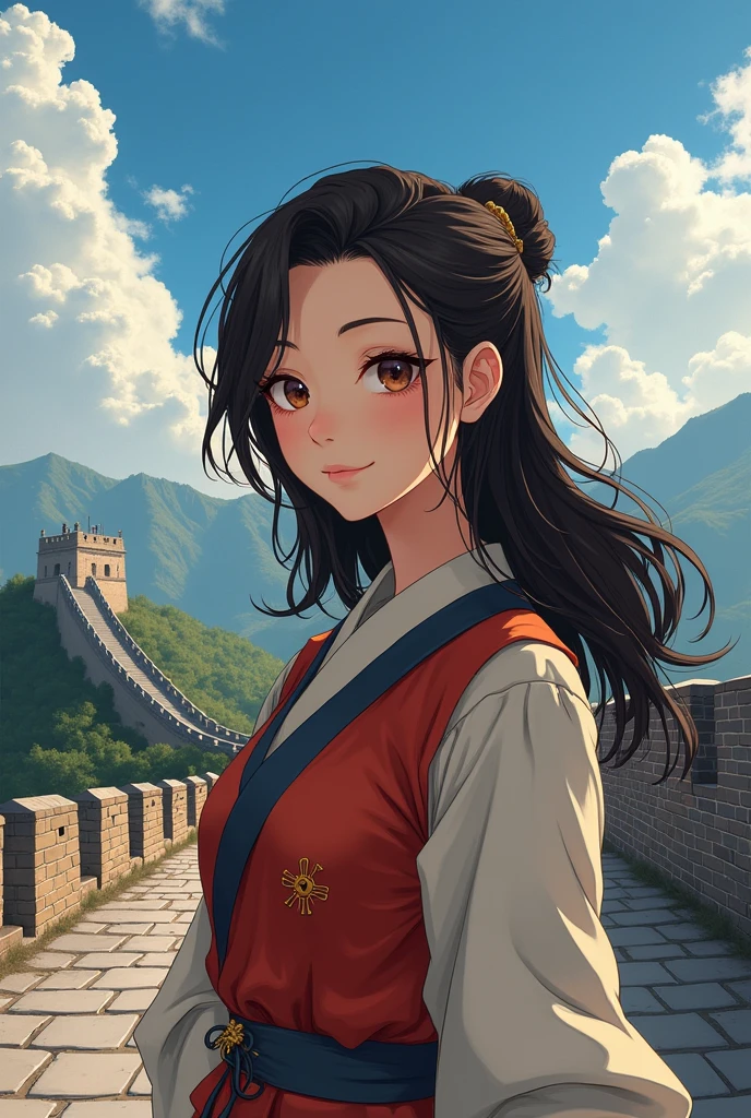 make a anime picture base of me. a chinese woman have a round face, sharp brown eyes,  wavy short hair, background in chinese great wall