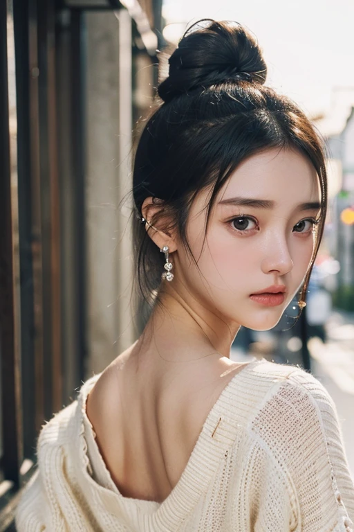 (2 pure Japanese girl,), (Small breasts:1.5,),(solo,,Textured skin, Detailed skin,Detailed face,Detailed eyes,detailed posing,Natural eyebrows,Sparkling Eyes,High detail, Highest quality, Super detailed, Surrealism, ,8k,RAW Photos,Photographicism,Professional Lighting,Ray Tracing,Portrait Photography,Soft Light),(((Black Hair, Natural Makeup,Simple earrings, Bun Hair,Frightened expression, V-neck sweater))),(((Being followed by someone,turn around,Back alley at night)))
