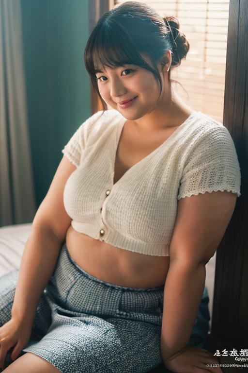 Medium Size Display, Full Body Shot, Depth of written border, bust, Upper Body, Movie angle, masterpiece, Highest quality, Very detailed, CG, 8k wallpaper, Beautiful Face, Delicate eyes, Otome, alone, smile,Tight Skirt、Overweight, Very fat, Chubby,4K, High resolution, masterpiece, Highest quality, Fine skin, Sharp focus, (Cinema Lighting)Blushing, bangs,