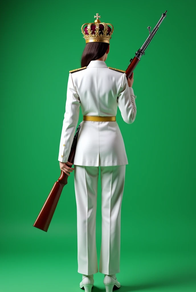 Full rear view, Military general standing with handed long shot gun, Female, King's crown on head , white uniform, plain green screen background