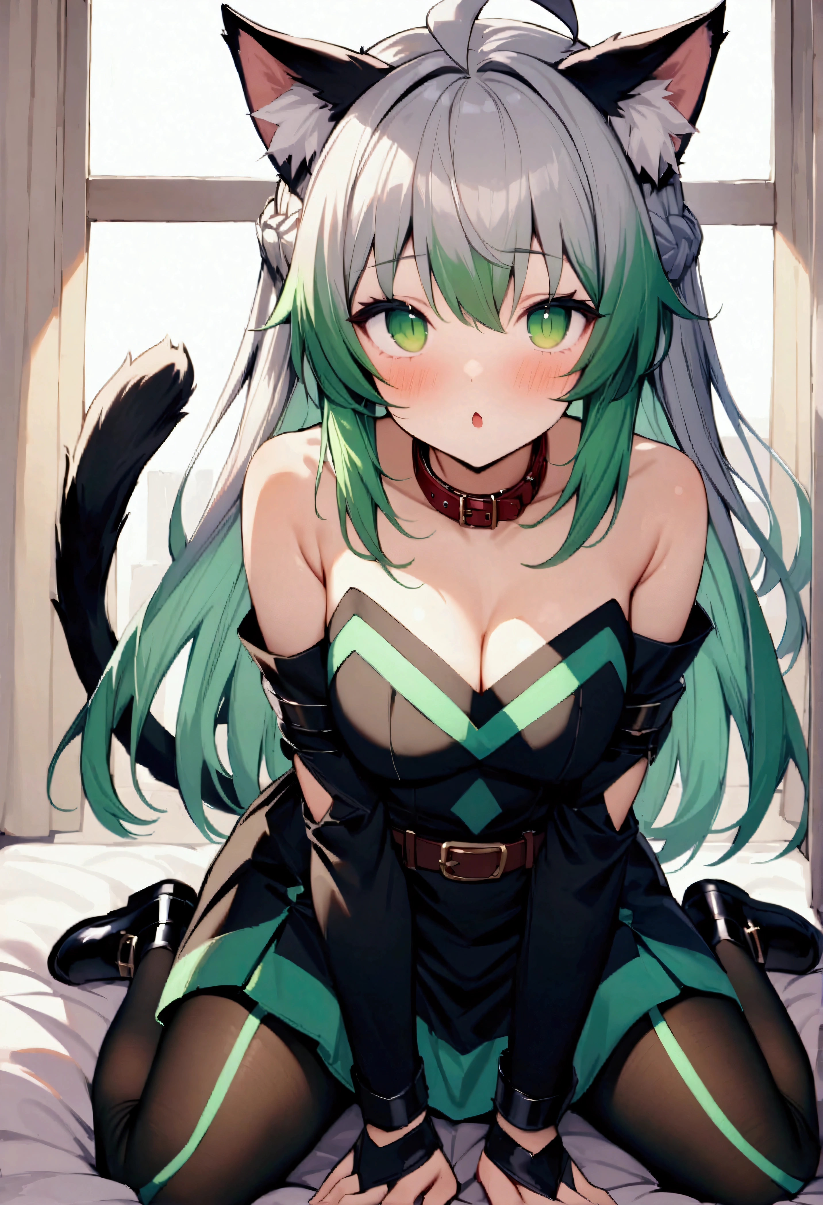 score_9、score_8_up、score_7_up、score_6_up、score_5_up、score_4_up、source_アニメ、1 person、solo、Atalanta、Green Eyes、Long narrow eyes、Grey Hair、Long Hair、Ahoge、Animal Ears、Cat ear、Cat tail、Belt collar、Black color、Black Dress、Bare shoulders、Removable sleeves、Gauntlet、Black Pantyhose、Black footwear、masterpiece、Highest quality、very beautiful、Absurd、