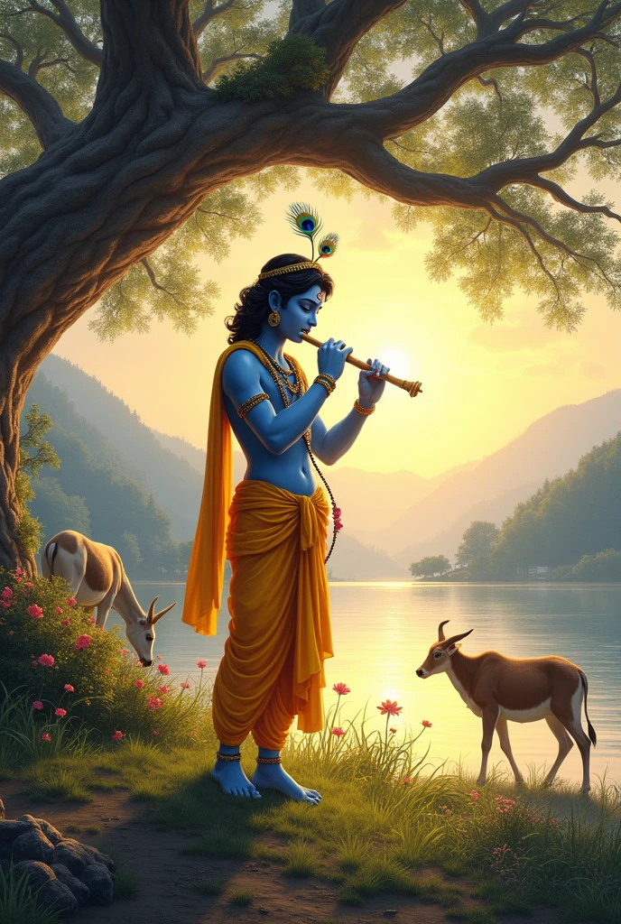 "Create a serene and enchanting scene of Lord Krishna, depicted as a young adult, playing his flute in a peaceful, natural setting. Krishna should have his signature blue skin, dressed in a flowing yellow dhoti, with a peacock feather crown adorning his head. He stands gracefully near the bank of the Yamuna River, under a large, ancient tree with sprawling branches. His posture is relaxed, with one leg crossed in front of the other, and his eyes gently closed as he plays the flute with a blissful expression.

The surroundings should be lush and vibrant, with blooming flowers, green grass, and the calm waters of the Yamuna reflecting the soft hues of the sky. A group of cows and deer are nearby, peacefully grazing and drawn to the divine melody. In the background, distant mountains and forests add depth to the landscape. The atmosphere is bathed in the warm, golden light of the setting sun, casting long shadows and a serene glow over the entire scene. The image should evoke a sense of tranquility, divinity, and the timeless beauty of Krishna's music."

This prompt will help create a peaceful and spiritually uplifting image of Krishna in a serene moment, playing his flute.




