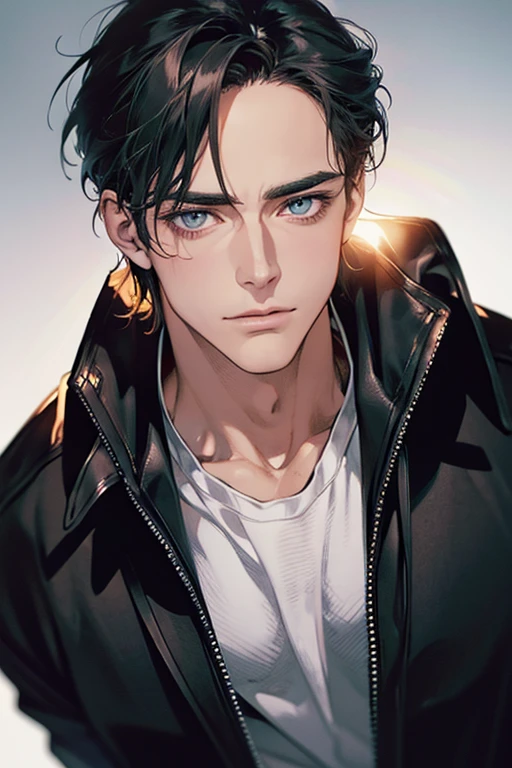 (Best Quality,4k,8k,high resolution,Masterpiece:1.2),ultra detailed,(realist,photorealist,photo-realist:1.37),1 man,31 years,mature man,muscular,square jaw,very handsome,without expresion,short gray black hair,hairstyle,Blue eyes,glare,perfect face without mistakes,imposing posture,collar jacket,leather jacket,dark background,cinematic lighting,imagen HDR