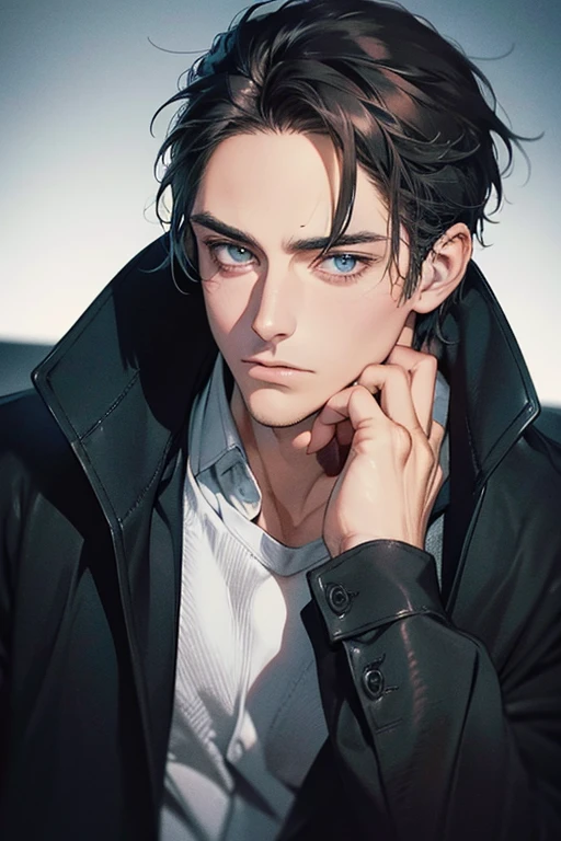 (Best Quality,4k,8k,high resolution,Masterpiece:1.2),ultra detailed,(realist,photorealist,photo-realist:1.37),1 man,31 years,mature man,muscular,square jaw,very handsome,without expresion,short gray black hair,hairstyle,Blue eyes,glare,perfect face without mistakes,imposing posture,collar jacket,leather jacket,dark background,cinematic lighting,imagen HDR