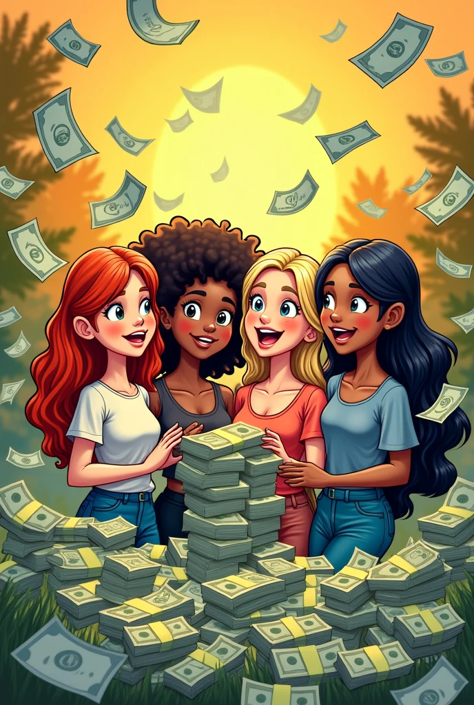 Please give me a picture of 4 friends: un hombre White skin, short hair. Una mujerWhite skin: with straight red hair long to the back. A woman with curly blonde afro hair, White skin. A woman with long, straight black hair down to her back, White skin.Surrounded by money. Make it cartoonish