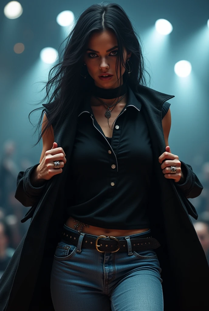 Metalhead woman wearing a black sleeveless polo shirt with a turtleneck and light blue jeans while taking off her coat in the middle of a concert.