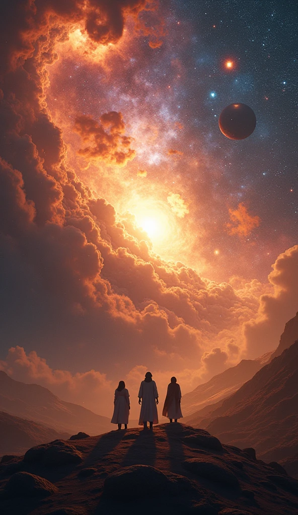 Create an image representing the formation of the universe with a grand, cosmic backdrop featuring a mix of vibrant and deep colors. Include blurred silhouettes of Atum, Shu, and Tefnut in the background, subtly indicating their roles in the creation process. Use masterpiece, best quality, CG, wallpaper, HDR, high quality, ultra detailed, cinematic, high detail, 8k, raw, high, artstation HQ, unreal engine, octane renderer, 4k resolution, hyperrealistic, highly detailed