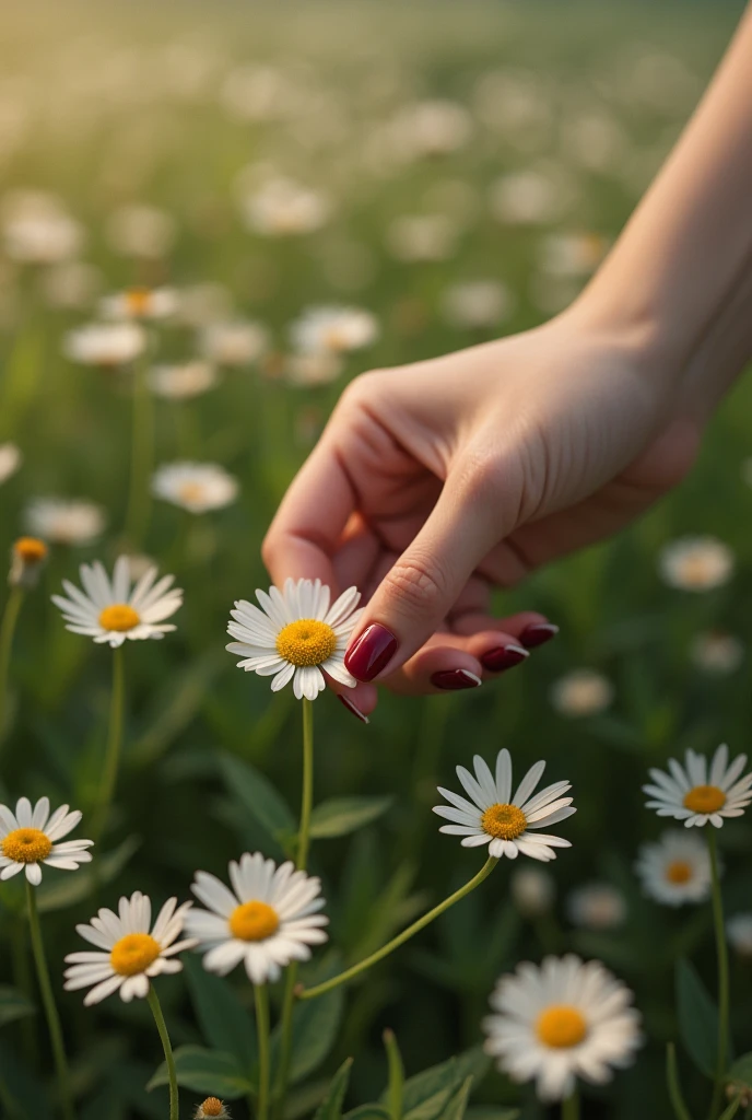 An image of a female hand with dark red nail polish plucking another petal from a daisy, playing "love me" with the petals already torn off on the ground showing only the flower and the hand, the flower already has some petals missing as if it was playing plucking and was plucking the third petal and a field of flowers in the background