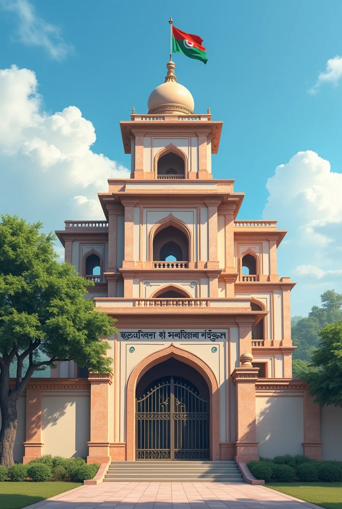 A madrasa educational institution. Wrapped in four corners of the wall. The institution is a building 150 cubits long from south east to west. Building 2nd floor about 30 cubits long from the beginning of the east side to the south. And the remaining 130 hands are 1 floor. A staircase leads up through the middle of this tall building. Red and green flag in front. The institution consists of a five storied Madrasa building from west to south to north. On the east side of the madrasa grounds is a beautiful tamarind tree. On the gate of the madrasa, the name of the madrasa is written big in Bengali, "Kanthalbari Chaumuhani Bazar Alim Madrasa". The writing color is black. A beautiful blue glow in the sky. A wonderful atmosphere of peace all around. Create the image in a very natural way.