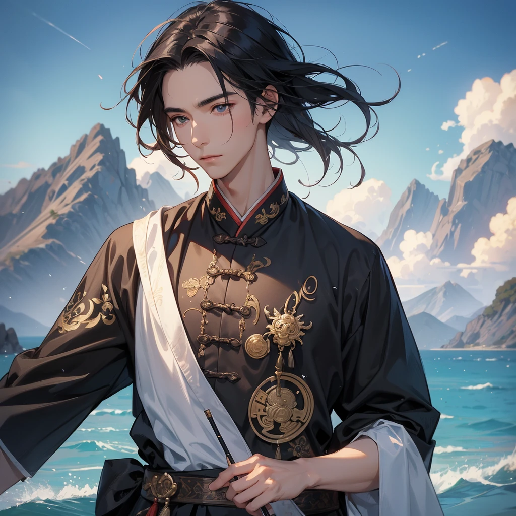 Handsome black-haired male in ancient Chinese costume, close up, Playing a flute, background is the mountains and the sea, low cloud.