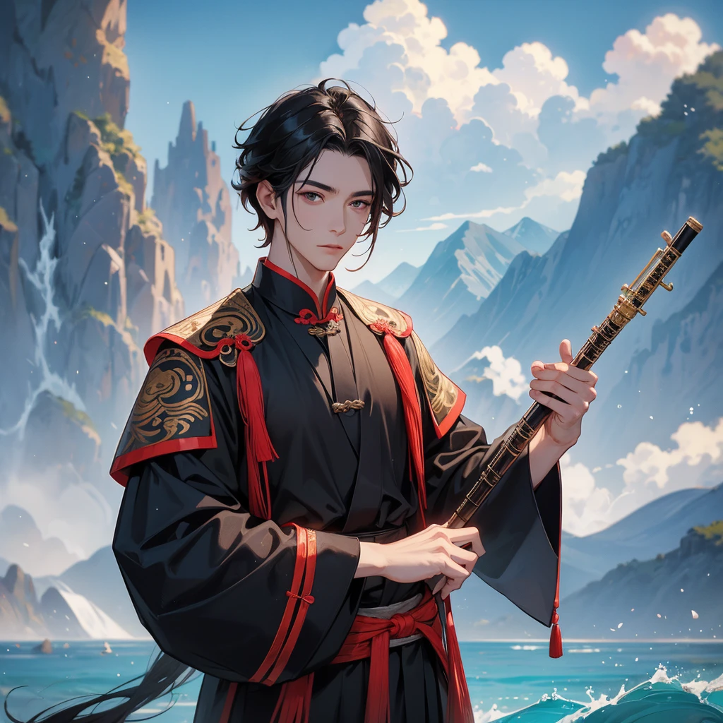 Handsome black-haired male in ancient Chinese costume, close up, Playing a flute, background is the mountains and the sea, low cloud.