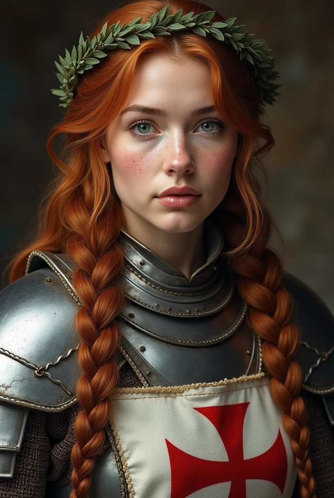 Lady in crusader armor, plate and cloth, auburn hair, gorgeous face, braided hair, wearing a laurel wreath crown, lokkint into the camera, best quality, ultra realistic, pretty face, freckles, waring a black tabard on top of her armour with the white hospitaller cross, tabard covers the chest area, realistic cloth,
