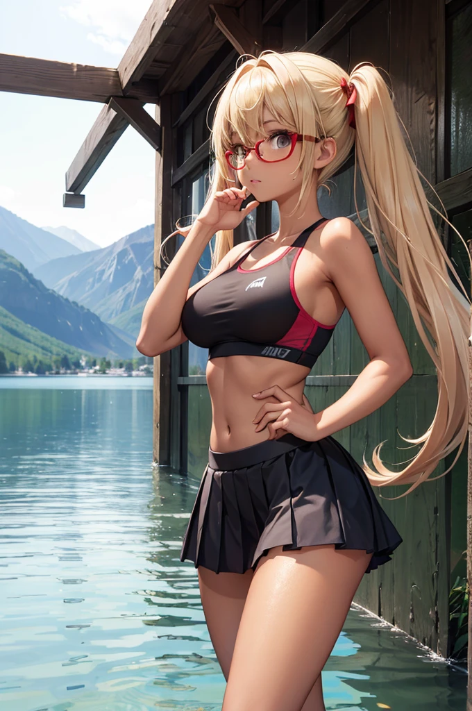 glasses, medium breasts, dark-skinned female, sports bra, miniskirt, pleated skirt, blonde hair, twintails, red ribbon,  with a lake background,