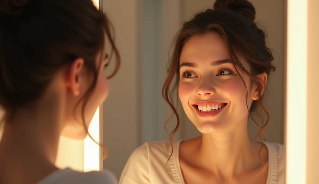 Image of a happy woman looking through her glass in the mirror