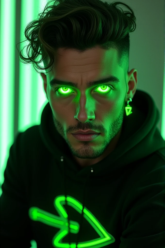 man, neon green eyes, an earring in one ear with the green delta symbol, with a black sweatshirt with green neon,