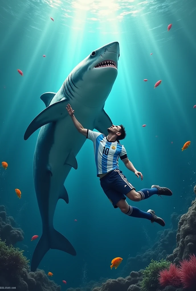 Messi with a Shark in the sea.