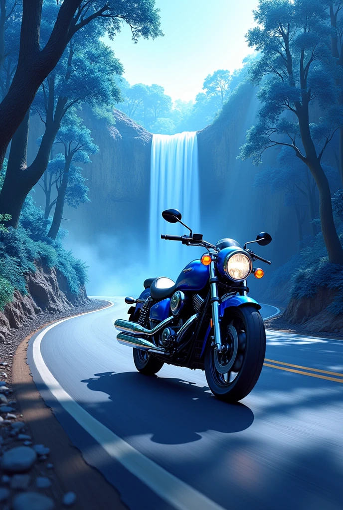 Blue colour hero splendor
bike on the highway with blue trees and water fall