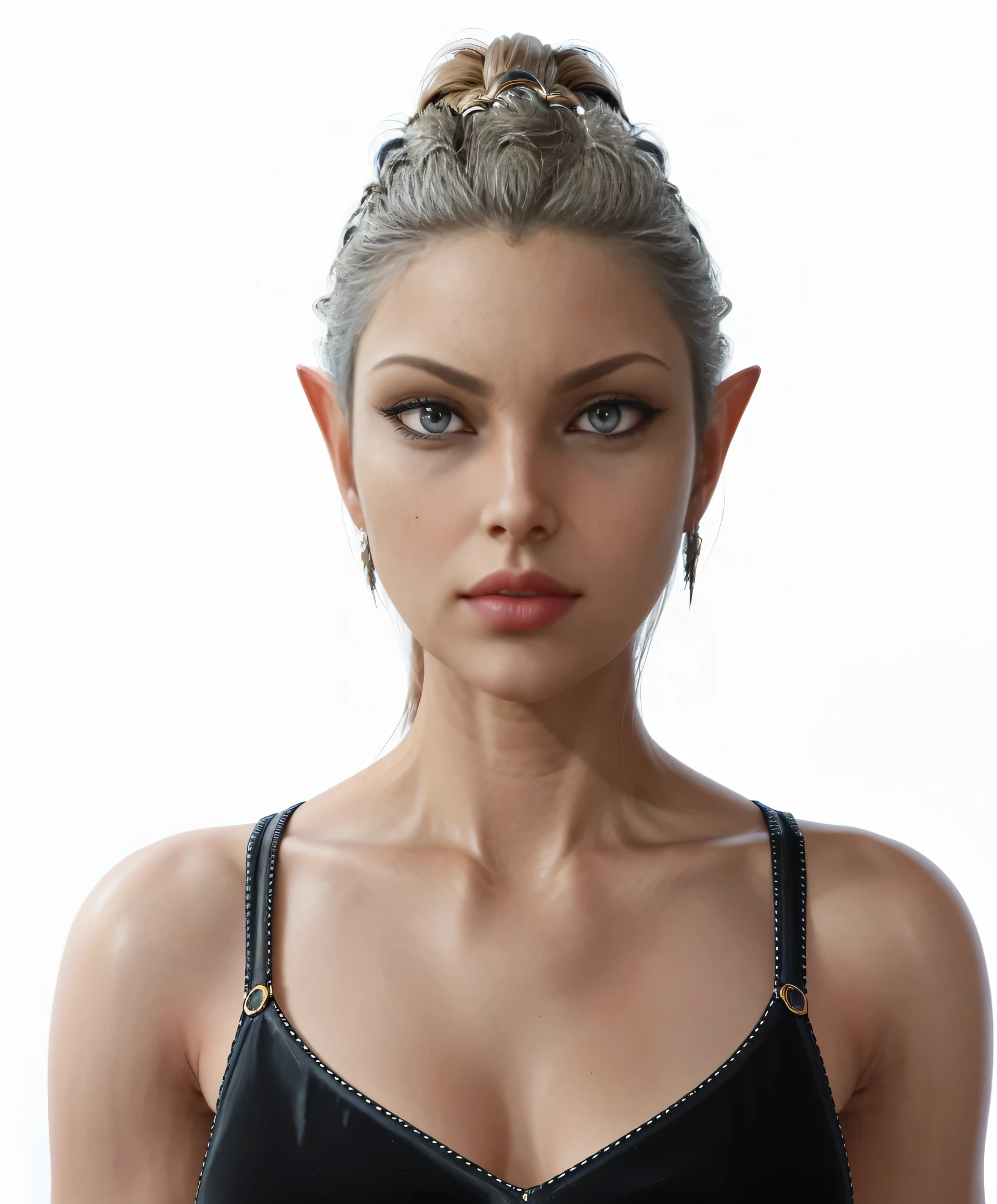 Jaheira is a beautiful, sexy glamorous elf girl, 3, Jaheira hairstyle, Jaheira hair color, large expressive blue eyes, long black thick eyelashes, straight chiseled nose, full juicy lips, light perfect skin, Jaheira beautiful aristocratic face, bright makeup, scarlet lipstick on the lips, beautiful shadows on the upper eyelid, Slender beautiful figure, beautiful breasts, thin waist, long slender perfect legs, high-heeled Mintara boots, high-heeled shoes, Jaheira armor, large earrings, huge earrings, beautiful symmetrical toes, Red manicure, Looking at the viewer, Full-length photo, Realism, UHD, retina, masterpiece, accurate, anatomically correct, textured skin, super detail, high details, high quality, award winning, best quality, highres, 1080P